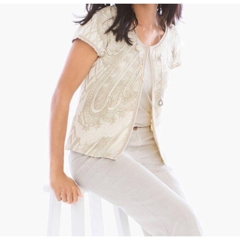 Chico's Womens Baroque Embellished Cardigan Sweater Short Sleeve Cream 0/S - Picture 2 of 9
